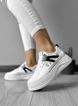 Adidasi dama casual cu talpa inalta albi cu negru CL2331 T13-3