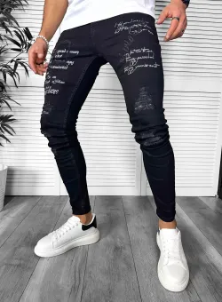 Blugi barbati conici negri cu stikere 0061 H4-7