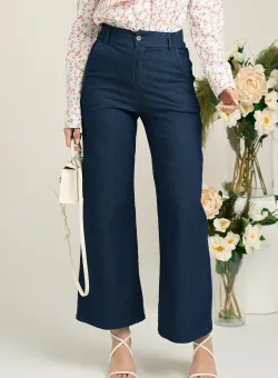Blugi casual din denim bleumarin cu elastic in talie