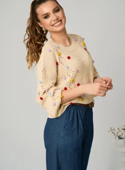 Bluza casual din tricot ivory cu ciucuri colorati