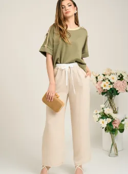 Bluza casual din viscoza kaki cu benzi aurii si nasturi pe maneci