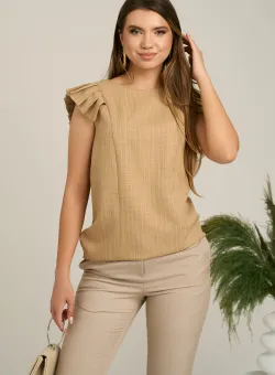 Bluza DY Fashion casual din panza bej cu dungi si maneci plisate