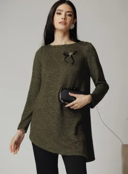 Bluza DY Fashion casual din tricot kaki cu lungime asimetrica