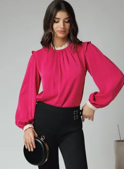 Bluza DY Fashion eleganta din voal fucsia cu dantela la guler si mansete