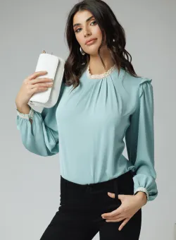 Bluza DY Fashion eleganta din voal verde mint cu dantela la guler si mansete