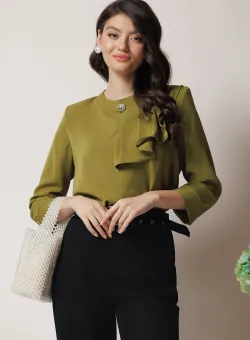 Bluza eleganta din viscoza verde olive cu volan si brosa