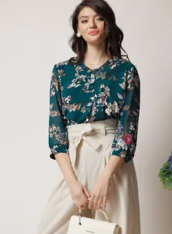 Bluza vaporoasa din viscoza verde cu imprimeuri florale fucsia