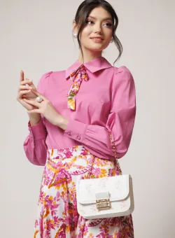 Camasa DY Fashion office din poplin roz cu fundita din voal cu imprimeu