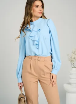 Camasa DY Fashion office eleganta din voal bleu cu volan