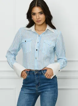 Camasa DY Fashion scurta alba cu dungi bleu si mansete albe