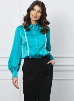 Camasa eleganta turcoaz din satin cu broderie si nasture perlat