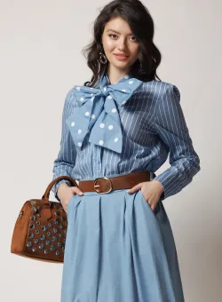 Camasa office din bumbac bleu cu dungi si buline