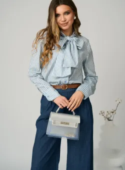 Camasa office din bumbac cu dungi bleu si funda la decolteu