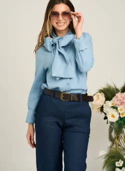 Camasa office din denim bleu cu funda maxi