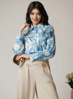 Camasa office din satin ivory cu imprimeuri albastre si floare maxi