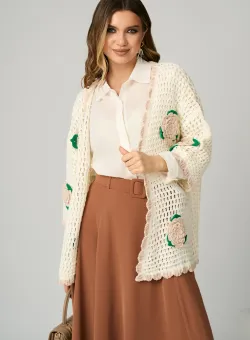 Cardigan casual din tricot alb cu flori 3D