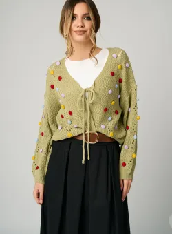 Cardigan casual din tricot verde cu ciucuri colorati