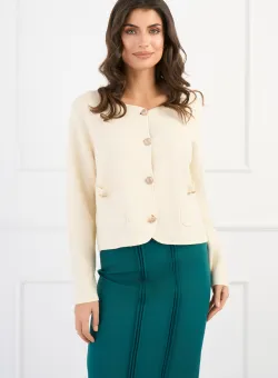 Cardigan scurt din tricot ivory cu buzunare si nasturi
