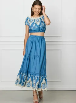 Compleu Cristina albastru cu fusta si top accesorizate cu broderie