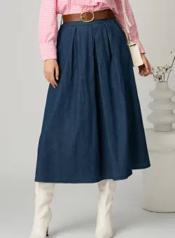 Fusta casual din denim albastra cu pliuri si curea in talie