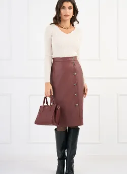Fusta DY Fashion din piele ecologica burgundy conica cu nasturi decorativi