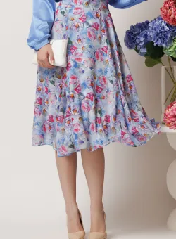 Fusta DY Fashion midi vaporoasa din voal bleu cu flori roz