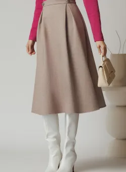 Fusta DY Fashion office din stofa bej cu dungi si nasturi pe talie