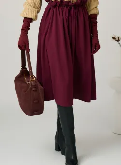 Fusta DY Fashion office din stofa bordo clos cu snur in talie