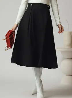 Fusta DY Fashion office din stofa neagra cu nasturi pe talie