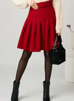 Fusta DY Fashion office din stofa rosie cu pliuri si curea in talie