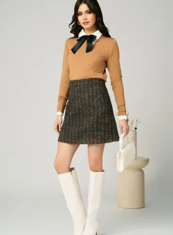 Fusta DY Fashion office scurta din stofa cu dungulite maro si bleumarin