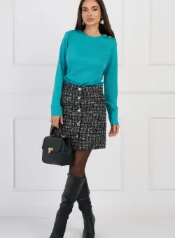 Fusta DY Fashion office scurta din tweed neagra cu carouri si nasturi