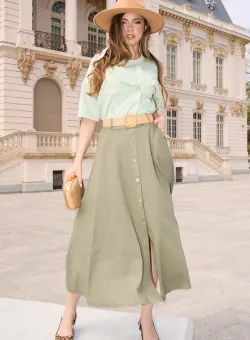 Fusta midi casual din in kaki cu nasturi si curea