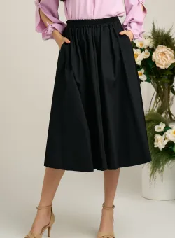 Fusta midi din bumbac neagra cu elastic in talie si buzunare functionale