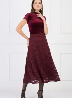 Fusta midi eleganta din dantela bordo