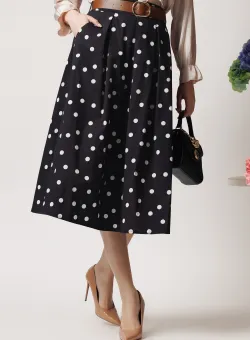 Fusta midi office din bumbac neagra cu buline si curea in talie