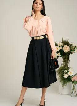 Fusta midi office din bumbac neagra cu pliuri si curea