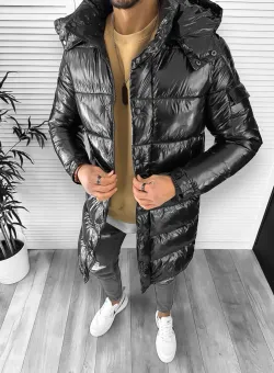 Geaca barbati de iarna lunga neagra lucioasa cu mic defect DEF563 D0-5