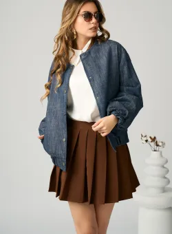 Jacheta casual din denim bleumarin cu buzunare si capse
