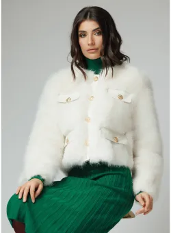 Jacheta eleganta din blana alba cu insertii din piele ecologica