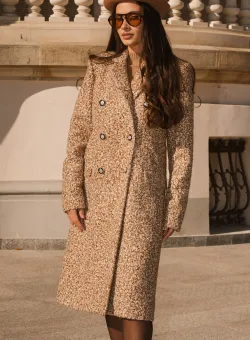 Palton DY Fashion elegant din tweed bej cu doua randuri de nasturi