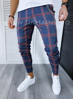 Pantaloni barbati casual regular fit bleumarin in carouri B1904 F7-3