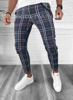 Pantaloni barbati casual regular fit bleumarin in carouri B7948 21-3.2