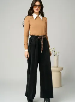 Pantaloni casual din catifea negri cu snur in talie