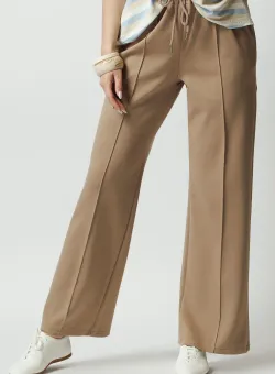 Pantaloni casual din viscoza maro cu elastic si dunga