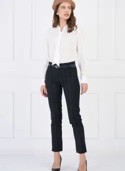 Pantaloni din stofa office negri cu dungi si curea in talie