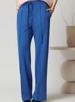 Pantaloni DY Fashion office din stofa albastri cu snur in talie