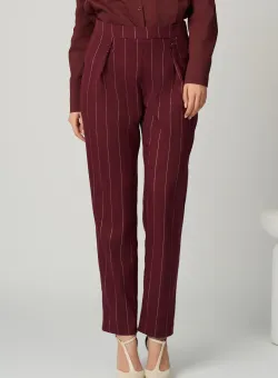 Pantaloni DY Fashion office din stofa burgundy cu dungi si nasturi pe talie