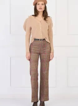 Pantaloni DY Fashion office evazati din stofa catifelata maro cu carouri bordo si accesoriu in talie