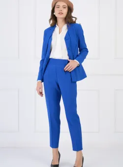 Pantaloni LaDonna office din stofa albastri cu pliuri nasturi pe talie